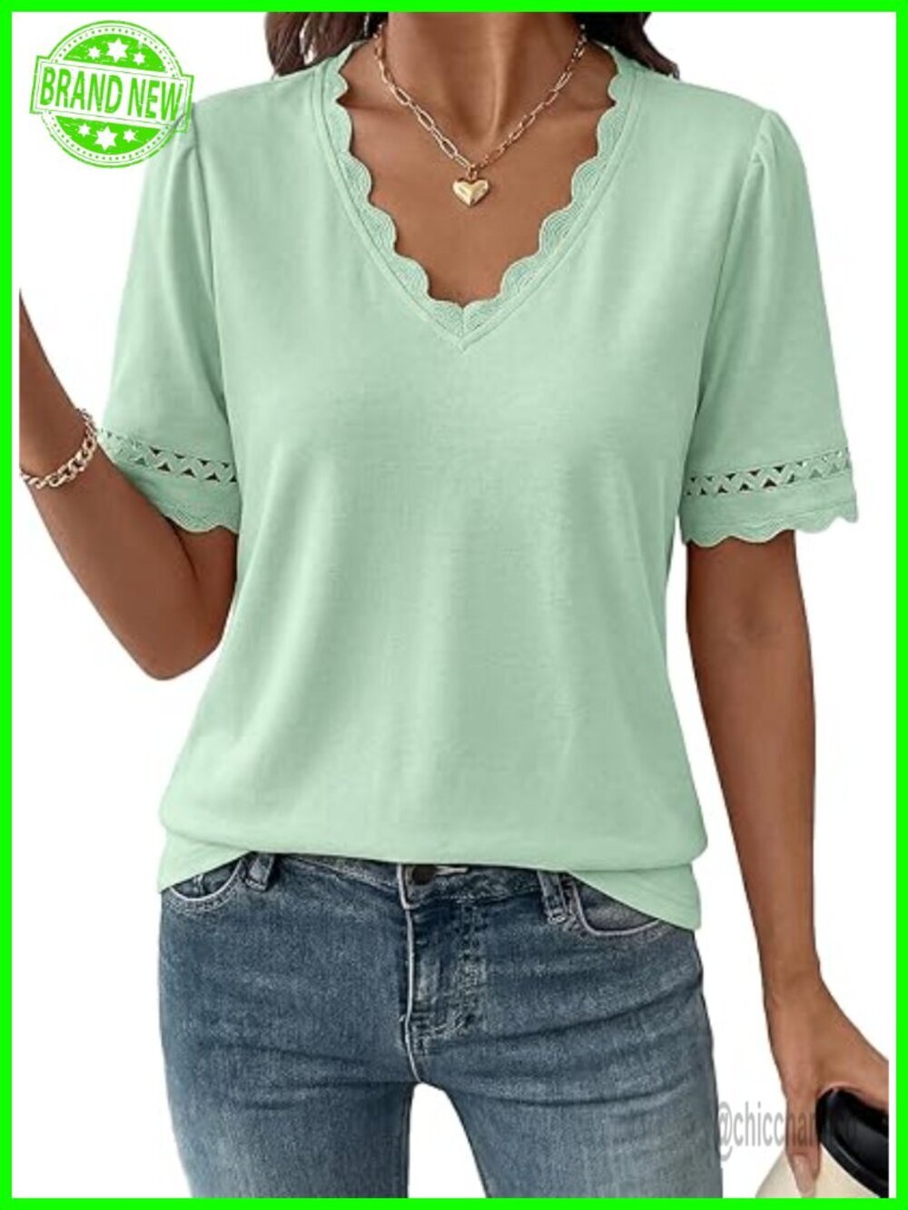 Womens V Neck Short Sleeve Eyelet Embroidery Blouse Dressy Lace Top Summer Shirt